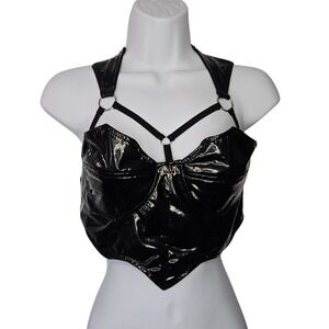 Black Vinyl Bat Corset Halter Top Gothic Punk Bustier Crop Top Medium